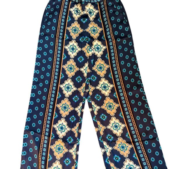 Ann Taylor Pants - Ann Taylor Blue & Beige Floral SILK Side Zip Wide Leg Pants Size 4